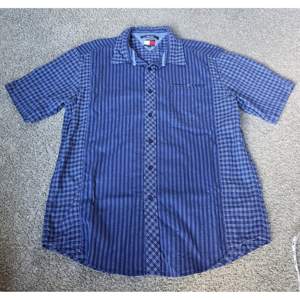 Vintage Tommy Hilfiger Men's Size L Blue Striped/Plaid Short Sleeve Button Down